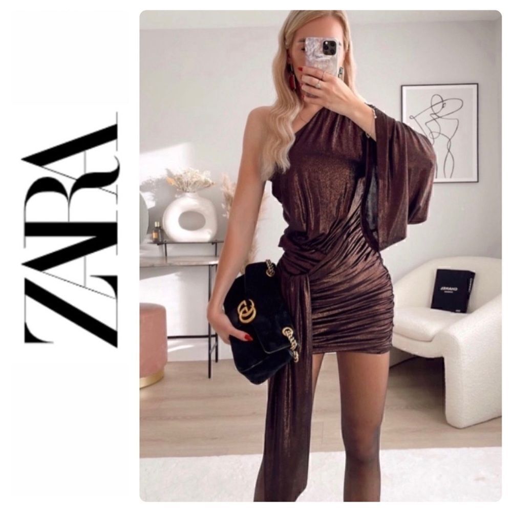 NWOT Zara Blogger’s Favorite Bronze Shiny Asymmetric Shimmer Mini Dress, Medium